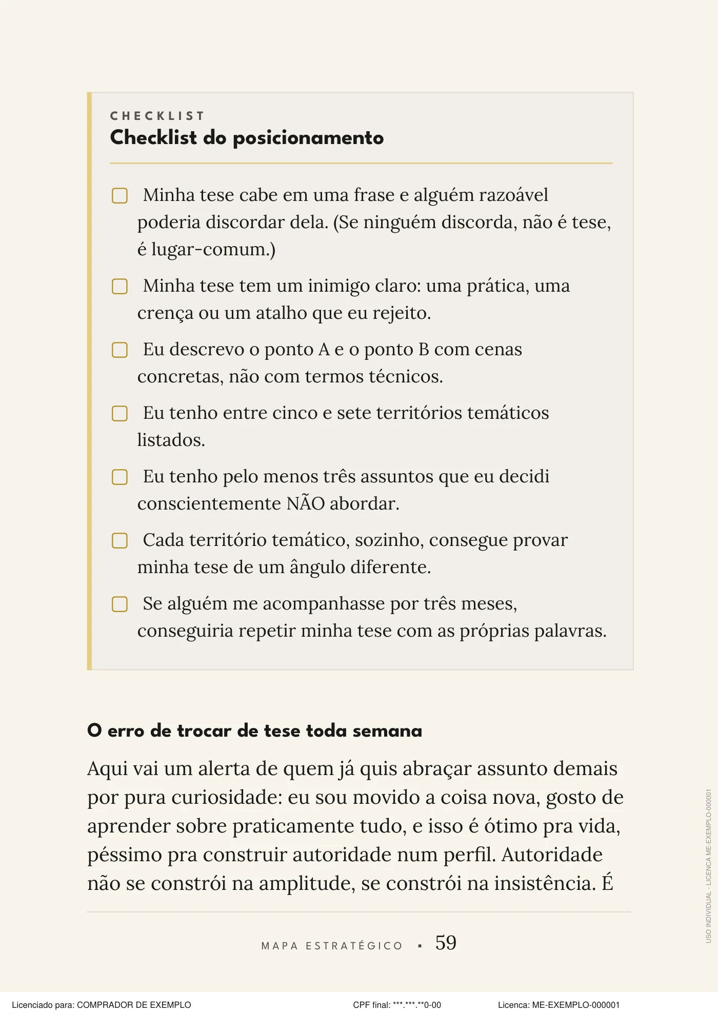 Página real do Mapa Estratégico com checklist de posicionamento
