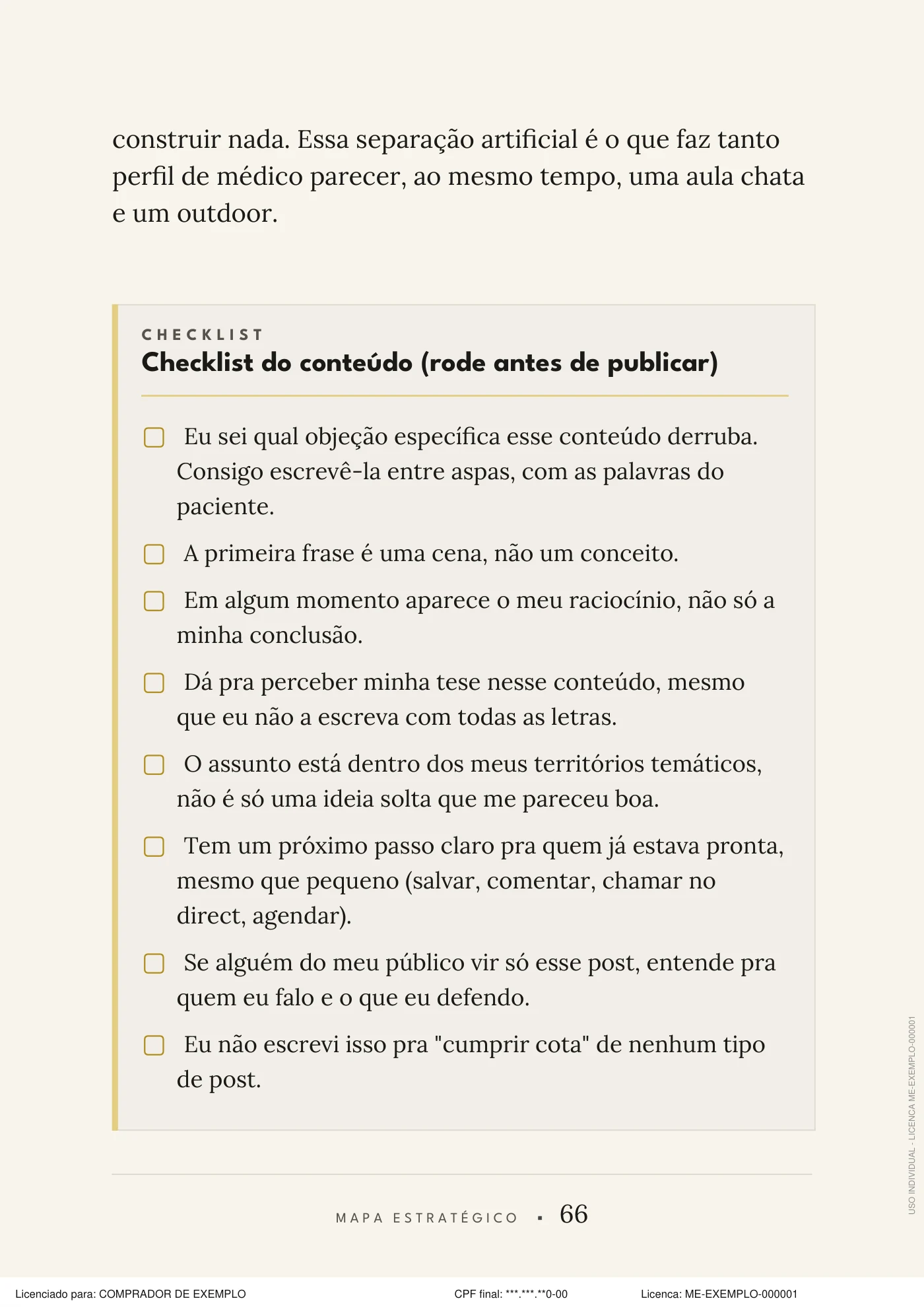 Página real do Mapa Estratégico com checklist do conteúdo antes de publicar